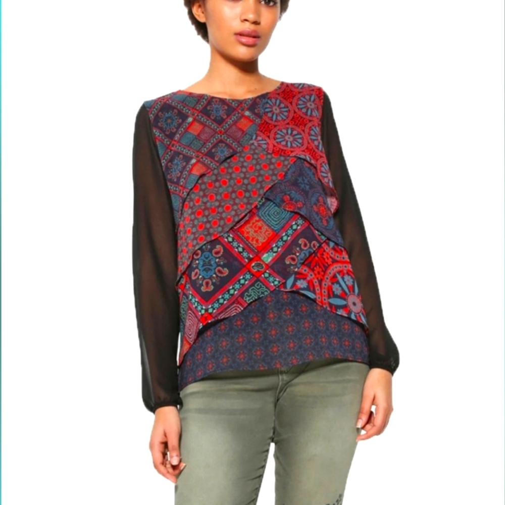 Desigual Capas Birmania Red & Blue Patchwork Flowy Blouse NWT Oversized XXS